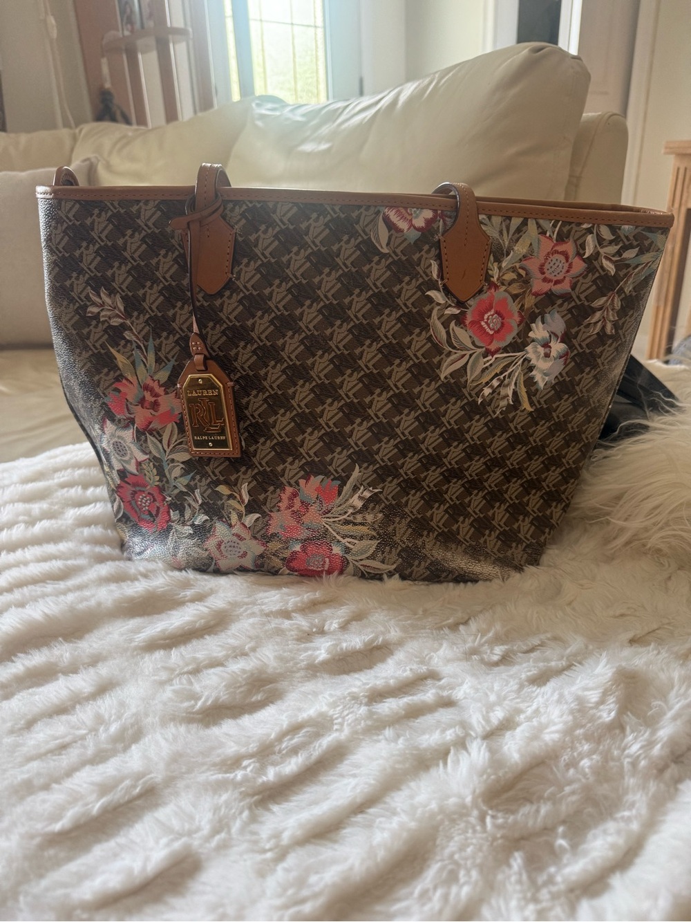 Ralph Lauren Floral Monogram Large Tote Bag Brown - Picture 1 of 6
